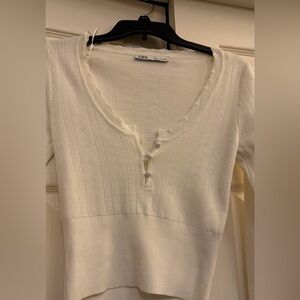 Zara Cream Ribbed Henley Knit Top